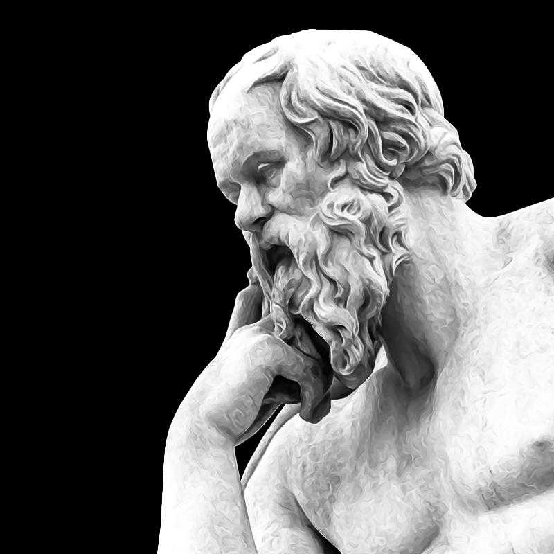 A black and white image with the portrait of Socrates